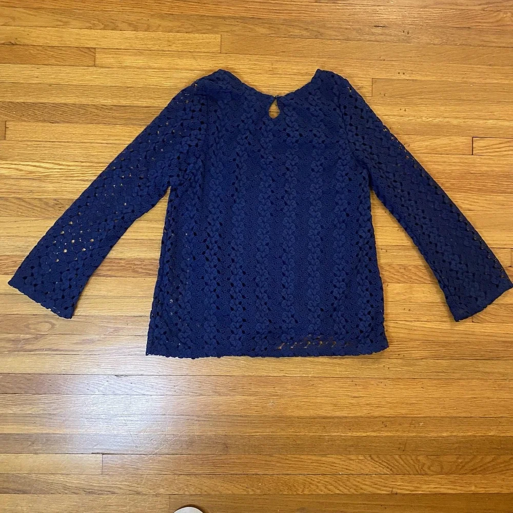 Self Esteem Shirt Womens XL Navy Crochet Lace Long Sleeve Scalloped Hem Lined